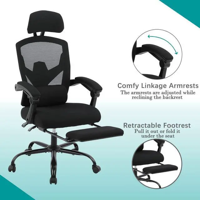 Alt view image 5 of 6 - Ergonomic Office Chair, Reclining High Back Mesh Chair, Computer Desk Chair, Swivel Rolling Home Task Chair with Lumbar Support Pillow, Adjustable Headrest, Retractable Footrest and Padded Armrests