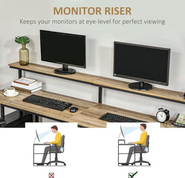 Alt view image 6 of 7 - HOMCOM 78.75 Inches Double Computer Desk for Two Person, Extra Long Home Office Desk with Monitor Shelf and CPU Stand, Brown