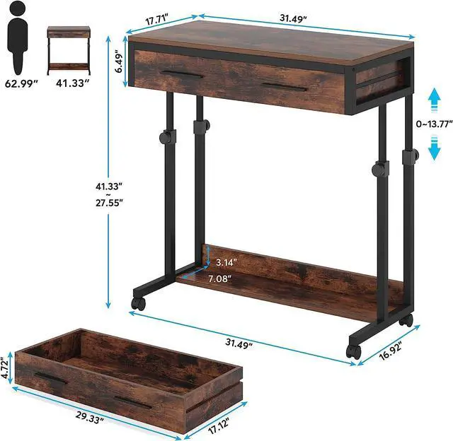 Alt view image 2 of 7 - Tribesigns Portable Desk with Drawers, Mobile Laptop Desk with Wheels, Couch Desk Sofa Side Table Bed Desk, Small Standing Desk for Home Office (Brown)