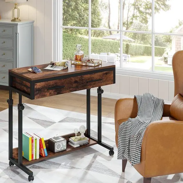 Alt view image 4 of 7 - Tribesigns Portable Desk with Drawers, Mobile Laptop Desk with Wheels, Couch Desk Sofa Side Table Bed Desk, Small Standing Desk for Home Office (Brown)