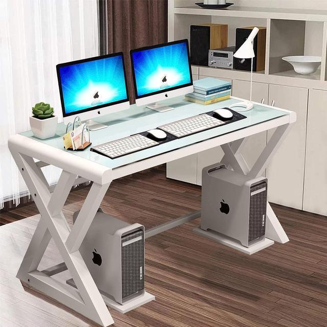  NA Glass Computer Desk with Metal Frame, Home Office Desks  Computer Table Modern Simple Office Study Gaming Work Writing Desk Table  for Home Office, Black (X-Shape-55.1inch) : Home & Kitchen