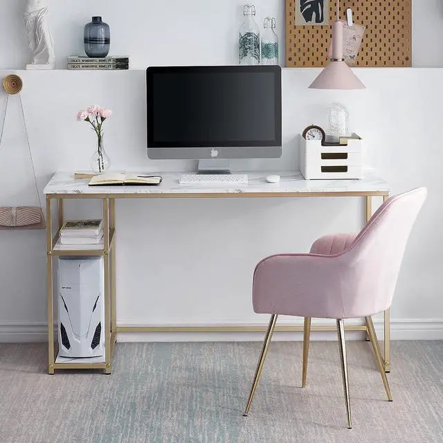 Alt view image 2 of 7 - ivinta Computer Desk with Shelves, Office Desk for Living Room,Small Desk with Storage Space, Home Office Desks, Vanity Desk with Gold Legs PC Laptop Table Whale-ML55 (White, 55")