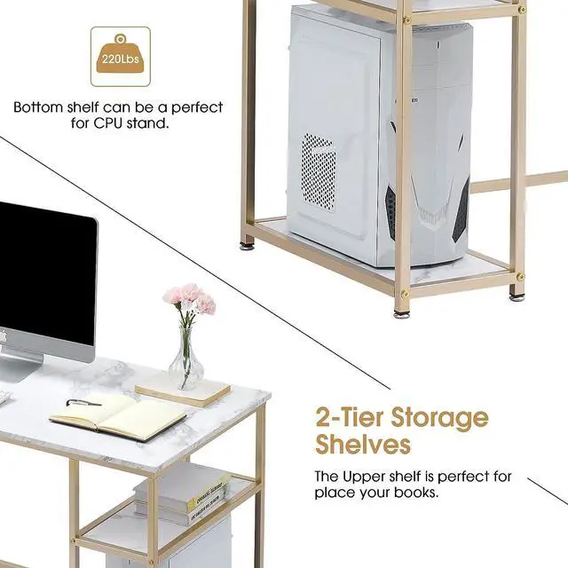 Alt view image 5 of 7 - ivinta Computer Desk with Shelves, Office Desk for Living Room,Small Desk with Storage Space, Home Office Desks, Vanity Desk with Gold Legs PC Laptop Table Whale-ML55 (White, 55")