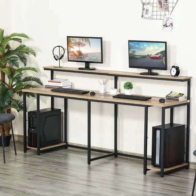 Alt view image 2 of 7 - HOMCOM 78.75 Inches Double Computer Desk for Two Person, Extra Long Home Office Desk with Monitor Shelf and CPU Stand, Brown