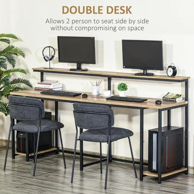Alt view image 5 of 7 - HOMCOM 78.75 Inches Double Computer Desk for Two Person, Extra Long Home Office Desk with Monitor Shelf and CPU Stand, Brown