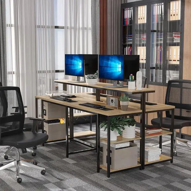Alt view image 4 of 7 - HOMCOM 78.75 Inches Double Computer Desk for Two Person, Extra Long Home Office Desk with Monitor Shelf and CPU Stand, Brown
