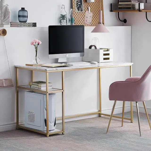 Alt view image 4 of 7 - ivinta Computer Desk with Shelves, Office Desk for Living Room,Small Desk with Storage Space, Home Office Desks, Vanity Desk with Gold Legs PC Laptop Table Whale-ML55 (White, 55")
