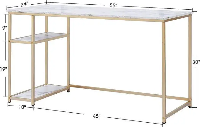 Alt view image 3 of 7 - ivinta Computer Desk with Shelves, Office Desk for Living Room,Small Desk with Storage Space, Home Office Desks, Vanity Desk with Gold Legs PC Laptop Table Whale-ML55 (White, 55")