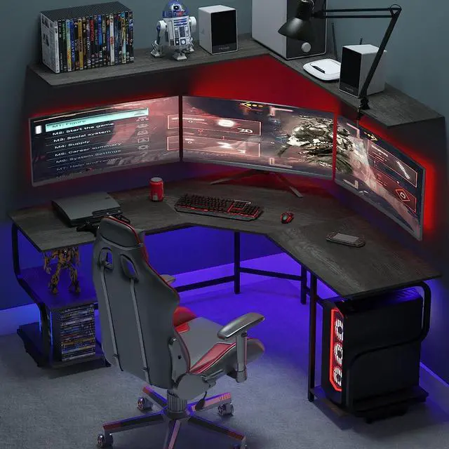 Alt view image 2 of 7 - Teraves Modern L Shaped Desk with Shelves,64.84" Gaming Computer Desk for Home Office,Corner Desk with Desktop (Black Oak+Black Frame, Large+4 Tier Shelves)
