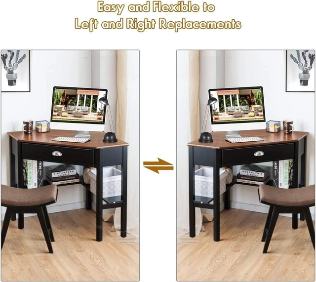Alt view image 6 of 7 - Nightcore Corner Desk for Small Space, Wood Corner Computer Desk, Compact Writing Table w/Drawer & Storage Shelves, Space Saving Study Workstation, Laptop PC Corner Table for Home Office