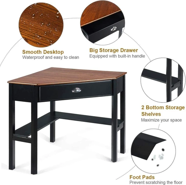 Alt view image 7 of 7 - Nightcore Corner Desk for Small Space, Wood Corner Computer Desk, Compact Writing Table w/Drawer & Storage Shelves, Space Saving Study Workstation, Laptop PC Corner Table for Home Office
