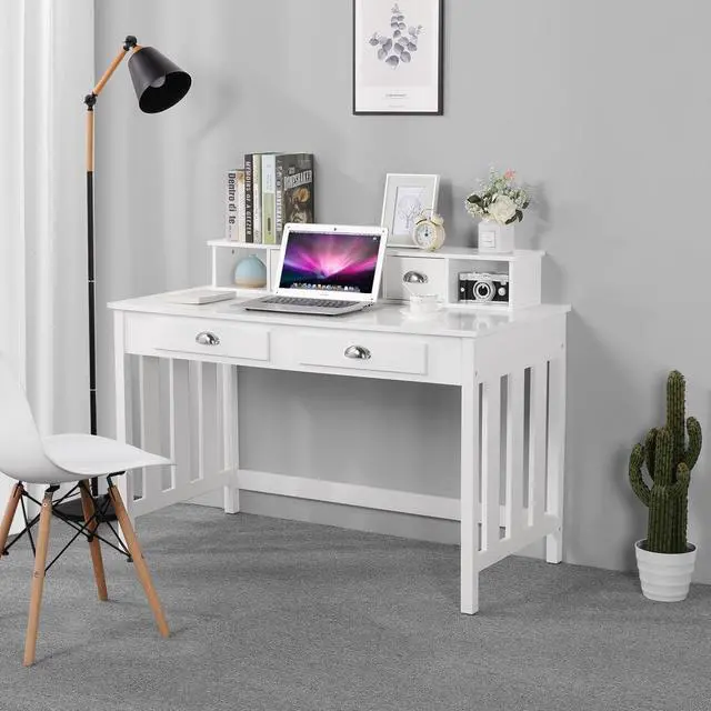 Alt view image 5 of 7 - Topeakmart Computer Desk with 4 Drawers and Removable Floating Organizer, Home Office Desk Writing Studying Desk with Large Tabletop, Modern Workstation Gaming Table Secretary Desk for Office, White