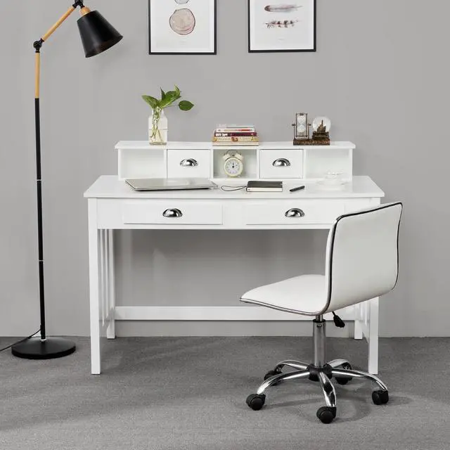 Alt view image 7 of 7 - Yaheetech 47 Inch Large Computer Desk, White Home Office Workstation with 4 Storage Drawers, Modern PC Work Table 23 Deep with Monitor Stand for Screen, Wood Stable Executive Table with Large Desktop