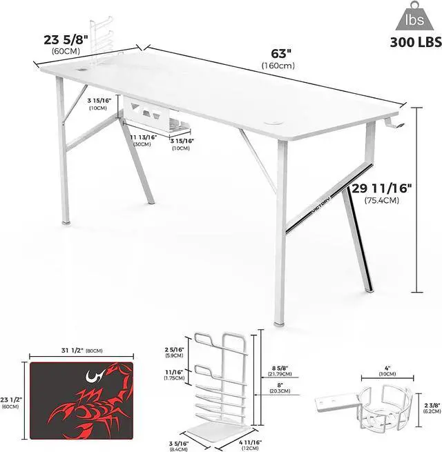 Alt view image 3 of 7 - EUREKA ERGONOMIC White Computer Desk, 63 x 24 Inch K Shaped Long Gaming Desk for Home Office Work Study Writing Table with Cable Management, Cup Holder, Headphone Hook, Mouse Pad, Easy to Assemble