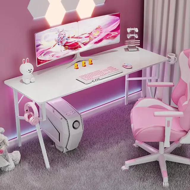 Alt view image 5 of 7 - EUREKA ERGONOMIC White Computer Desk, 63 x 24 Inch K Shaped Long Gaming Desk for Home Office Work Study Writing Table with Cable Management, Cup Holder, Headphone Hook, Mouse Pad, Easy to Assemble