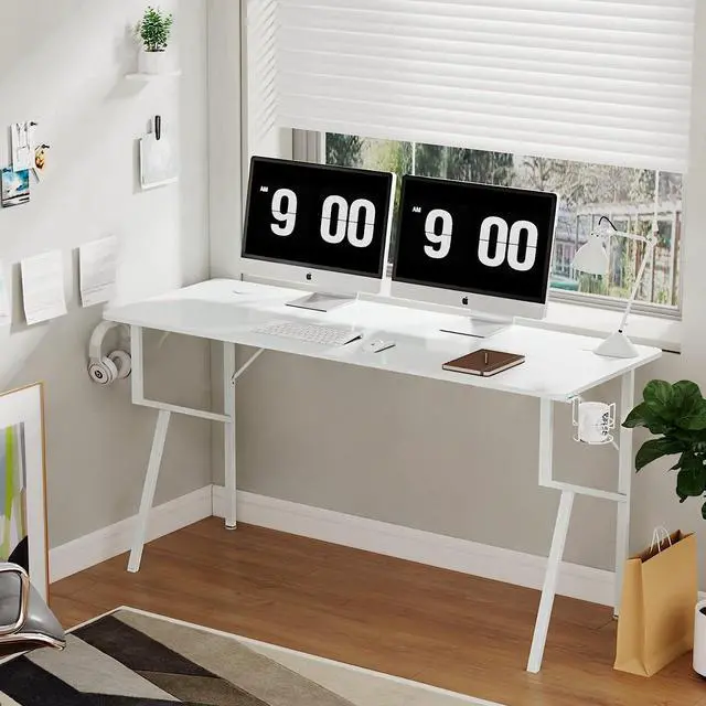 Alt view image 2 of 7 - EUREKA ERGONOMIC White Computer Desk, 63 x 24 Inch K Shaped Long Gaming Desk for Home Office Work Study Writing Table with Cable Management, Cup Holder, Headphone Hook, Mouse Pad, Easy to Assemble