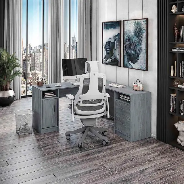 Alt view image 2 of 7 - Techni Mobili Functional L-Shaped Computer Desk with storage, L is 59.5" wide x 59.5" Long, Grey
