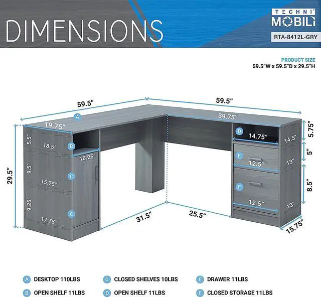 Alt view image 3 of 7 - Techni Mobili Functional L-Shaped Computer Desk with storage, L is 59.5" wide x 59.5" Long, Grey