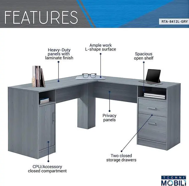 Alt view image 4 of 7 - Techni Mobili Functional L-Shaped Computer Desk with storage, L is 59.5" wide x 59.5" Long, Grey