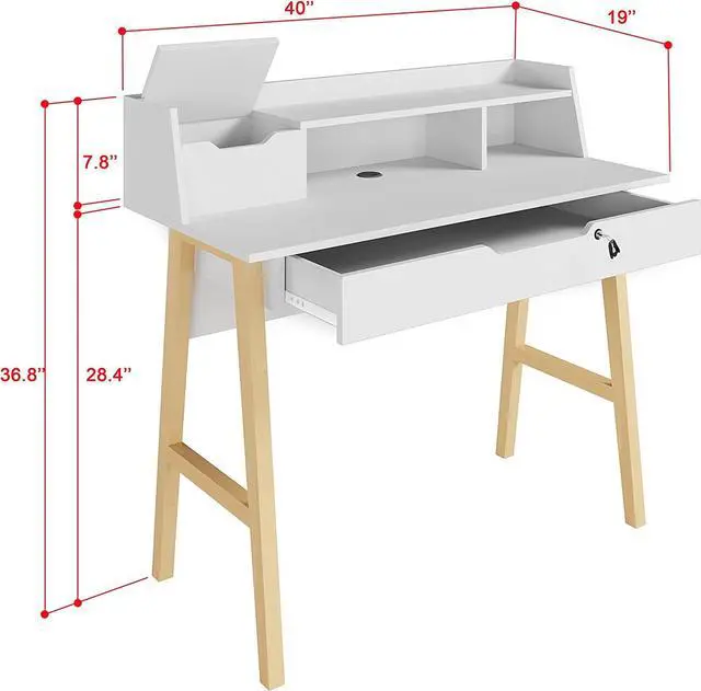 Alt view image 2 of 7 - Modern Designs by Crafts and Comfort Roma Elegant Writing Desk - with Storage, Cable Holes & Drawers - Great for use as Workstation and Writing for Students in Bedroom or Dormroom - White 40x19x37