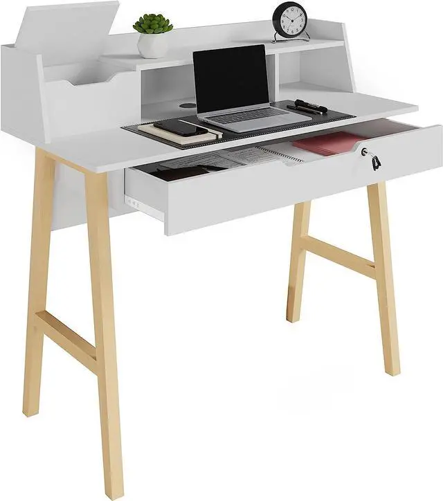 Alt view image 3 of 7 - Modern Designs by Crafts and Comfort Roma Elegant Writing Desk - with Storage, Cable Holes & Drawers - Great for use as Workstation and Writing for Students in Bedroom or Dormroom - White 40x19x37