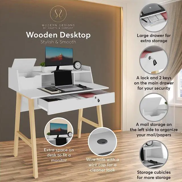 Alt view image 6 of 7 - Modern Designs by Crafts and Comfort Roma Elegant Writing Desk - with Storage, Cable Holes & Drawers - Great for use as Workstation and Writing for Students in Bedroom or Dormroom - White 40x19x37