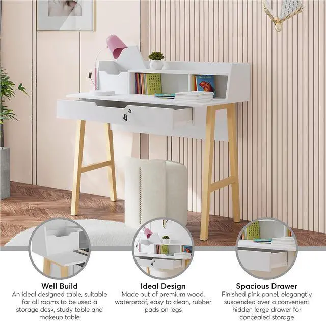 Alt view image 4 of 7 - Modern Designs by Crafts and Comfort Roma Elegant Writing Desk - with Storage, Cable Holes & Drawers - Great for use as Workstation and Writing for Students in Bedroom or Dormroom - White 40x19x37