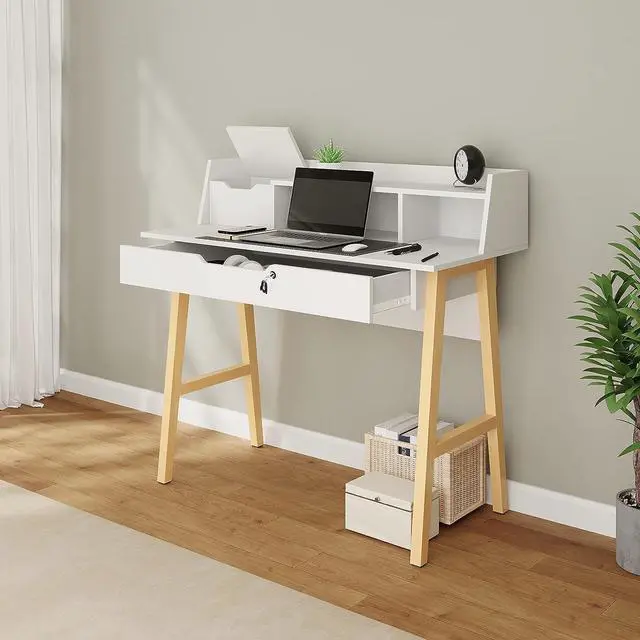 Alt view image 7 of 7 - Modern Designs by Crafts and Comfort Roma Elegant Writing Desk - with Storage, Cable Holes & Drawers - Great for use as Workstation and Writing for Students in Bedroom or Dormroom - White 40x19x37