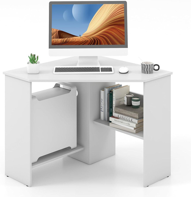 thumbnail image 2 of Triangle Corner Computer Desk With Keyboard Tray & LED Lights – Home Office – Black 2 of 5