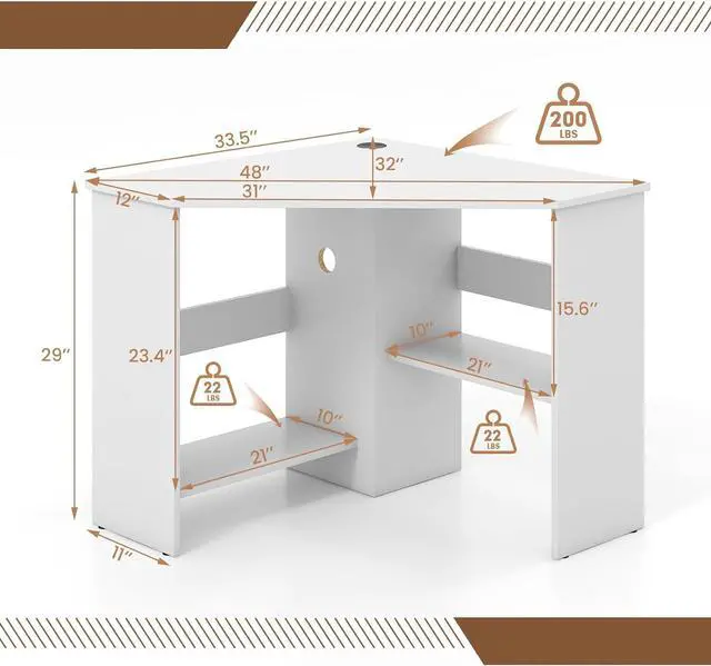 Alt view image 2 of 7 - Corner Computer Desk, 90 Degrees Triangle Desk w/Shelves & CPU Stand, Compact Corner Vanity Makeup Desk with Storage, Corner Desks for Small Spaces (White)