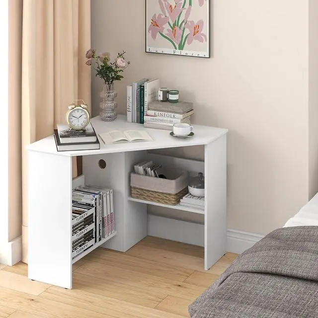 Alt view image 3 of 7 - Corner Computer Desk, 90 Degrees Triangle Desk w/Shelves & CPU Stand, Compact Corner Vanity Makeup Desk with Storage, Corner Desks for Small Spaces (White)