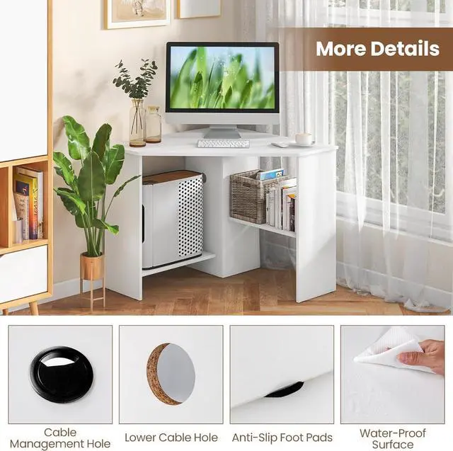 Alt view image 7 of 7 - IFANNY Corner Computer Desk, 90 Degrees Triangle Desk w/Shelves & CPU Stand, Compact Corner Vanity Makeup Desk with Storage, Corner Desks for Small Spaces (White)