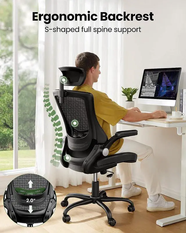 Alt view image 3 of 7 - Marsail Office Chair Ergonomic Desk Chair, 360°Swivel Mesh Back Wide Computer Chair PU Leather Criss Cross Chair,Adjustable Lumbar Support & Flip-up Armrests,Adjustable Height Executive Task Chair