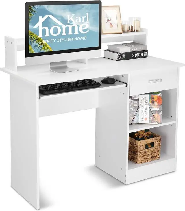 Main image of Karl home Computer Desk Study Writing Desk, Wooden Home Office Workstation PC Laptop Table with Drawer Shelf Keyboard Tray, White