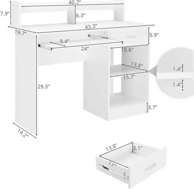 Alt view image 3 of 7 - Karl home Computer Desk Study Writing Desk, Wooden Home Office Workstation PC Laptop Table with Drawer Shelf Keyboard Tray, White