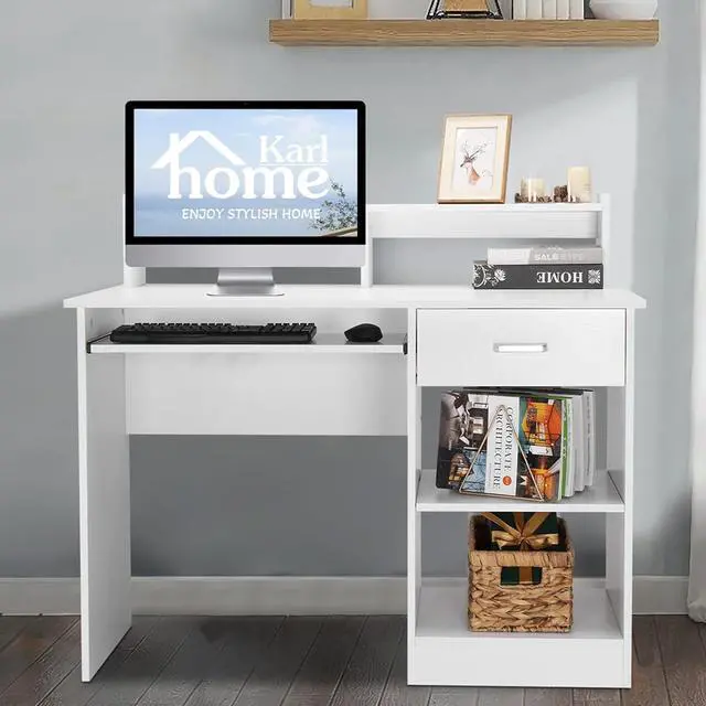 Alt view image 2 of 7 - Karl home Computer Desk Study Writing Desk, Wooden Home Office Workstation PC Laptop Table with Drawer Shelf Keyboard Tray, White