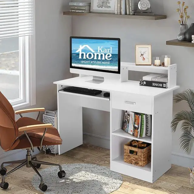 Alt view image 7 of 7 - Karl home Computer Desk Study Writing Desk, Wooden Home Office Workstation PC Laptop Table with Drawer Shelf Keyboard Tray, White