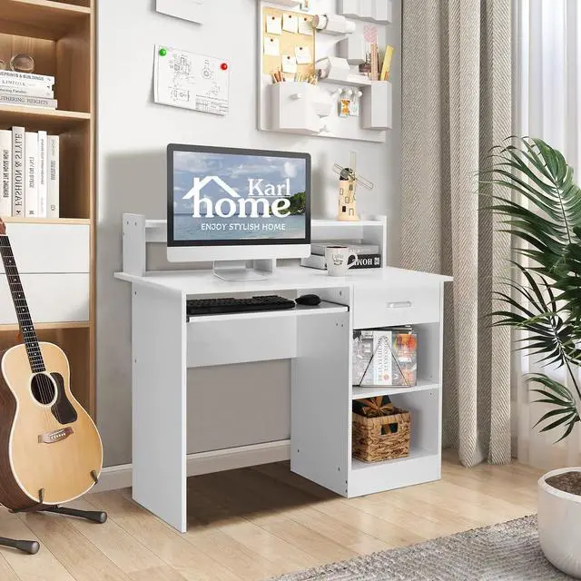 Alt view image 4 of 7 - Karl home Computer Desk Study Writing Desk, Wooden Home Office Workstation PC Laptop Table with Drawer Shelf Keyboard Tray, White