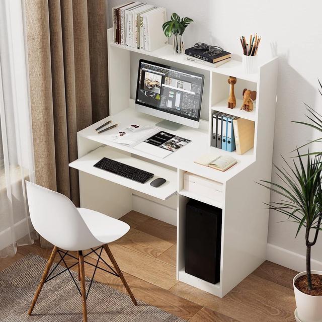 COSTWAY White Computer Desk with Storage Shelf, Wooden Writing Desk with  Hutch, Office Desk with CPU Stand & Keyboard Tray, Home PC Desk with  Bookshelf, for Bedroom, Study, Living Room 