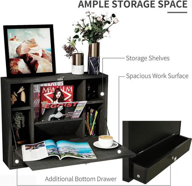 Alt view image 3 of 7 - HOMCOM Wall Mounted Desk with Storage Shelves, Floating Desk with Foldable Tabletop, Space Saving Computer Writing Table for Home Office, 23.5 x 6 x 19.75 Inch, Black