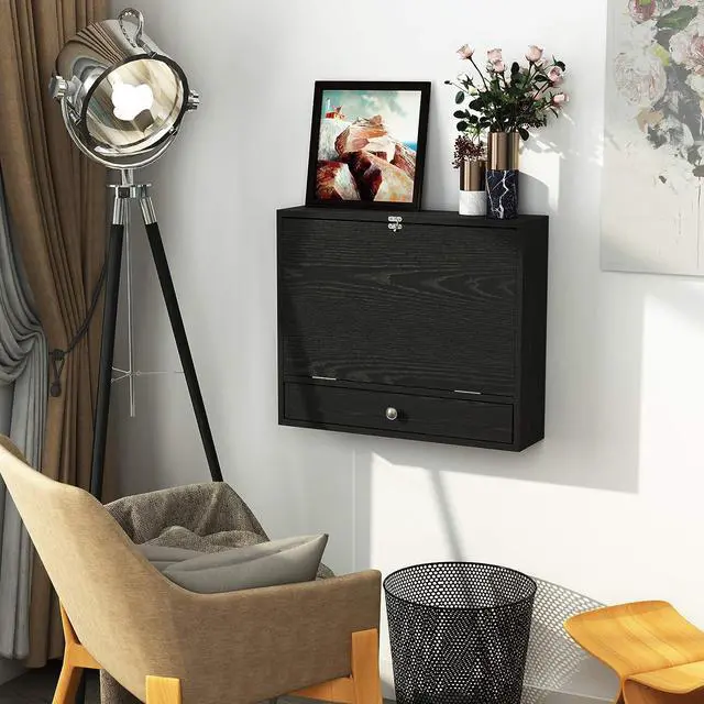 Alt view image 4 of 7 - HOMCOM Wall Mounted Desk with Storage Shelves, Floating Desk with Foldable Tabletop, Space Saving Computer Writing Table for Home Office, 23.5 x 6 x 19.75 Inch, Black