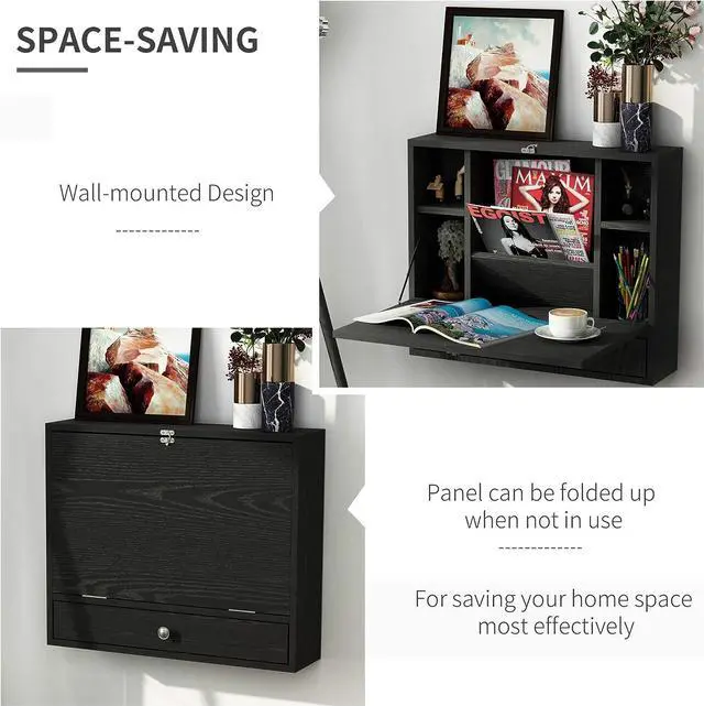 Alt view image 6 of 7 - HOMCOM Wall Mounted Desk with Storage Shelves, Floating Desk with Foldable Tabletop, Space Saving Computer Writing Table for Home Office, 23.5 x 6 x 19.75 Inch, Black