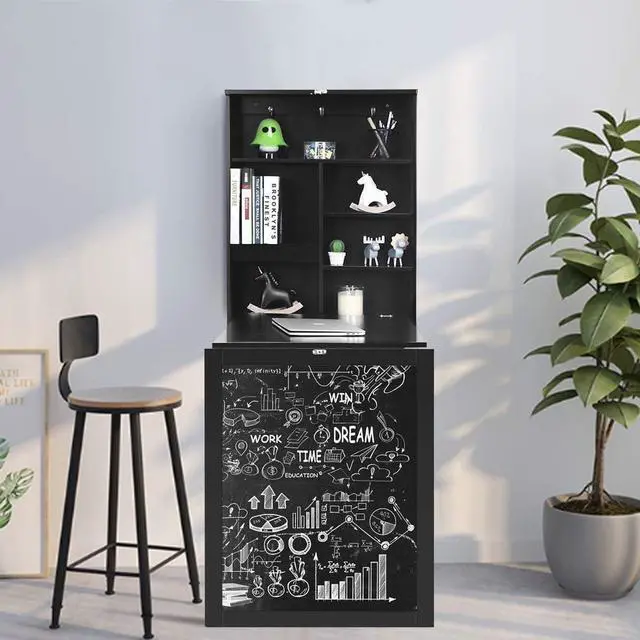 Alt view image 2 of 7 - Tangkula Folding Wall Mounted Desk, Floating Desk with Chalkboard, Space Saving Fold Up Desk Wall Mounted Convertible Desk, Wall Mounted Table with Storage Shelves & Hooks (Black)