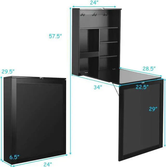 Alt view image 3 of 7 - Tangkula Folding Wall Mounted Desk, Floating Desk with Chalkboard, Space Saving Fold Up Desk Wall Mounted Convertible Desk, Wall Mounted Table with Storage Shelves & Hooks (Black)