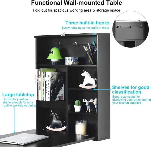 Alt view image 6 of 7 - Tangkula Folding Wall Mounted Desk, Floating Desk with Chalkboard, Space Saving Fold Up Desk Wall Mounted Convertible Desk, Wall Mounted Table with Storage Shelves & Hooks (Black)