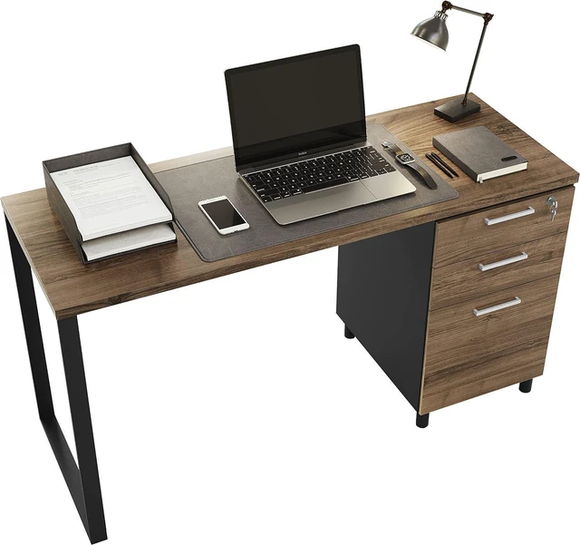 Alt view image 4 of 7 - Modern Design Milano Office Computer Desk with 3 Locking Drawers, 48 Inch Walnut and Black Industrial Wood Desk with Filing Drawer and Storage By Crafts and Comfort