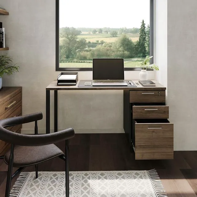 Alt view image 6 of 7 - Modern Design Milano Office Computer Desk with 3 Locking Drawers, 48 Inch Walnut and Black Industrial Wood Desk with Filing Drawer and Storage By Crafts and Comfort