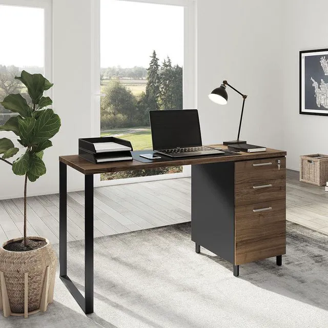 Alt view image 5 of 7 - Modern Design Milano Office Computer Desk with 3 Locking Drawers, 48 Inch Walnut and Black Industrial Wood Desk with Filing Drawer and Storage By Crafts and Comfort