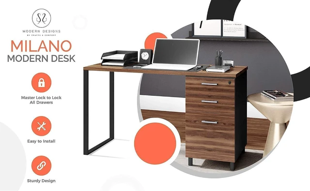 Alt view image 7 of 7 - Modern Design Milano Office Computer Desk with 3 Locking Drawers, 48 Inch Walnut and Black Industrial Wood Desk with Filing Drawer and Storage By Crafts and Comfort