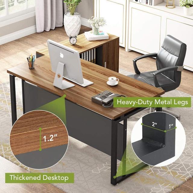 LITTLE TREE 63 Inch Large Executive Computer Office Desk, Brown+Black 
